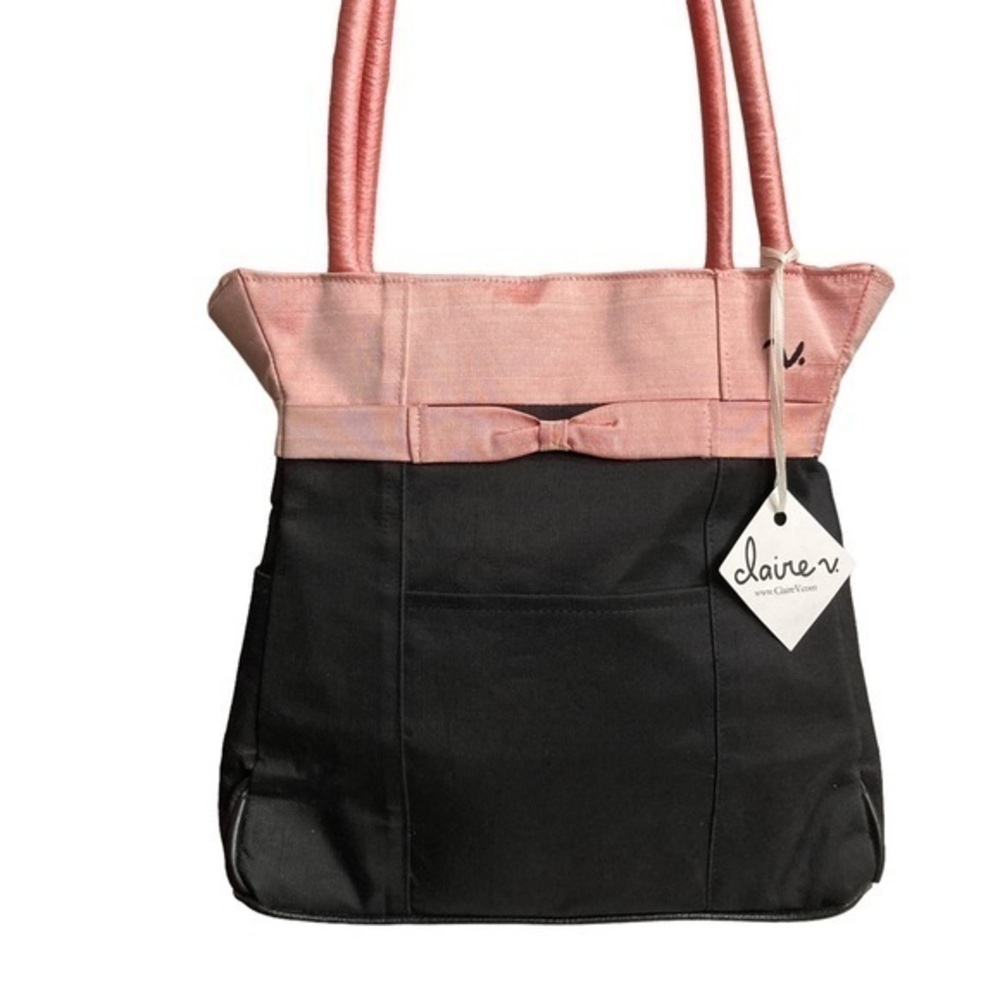 Claire V black and pink bow tote bag nwt new